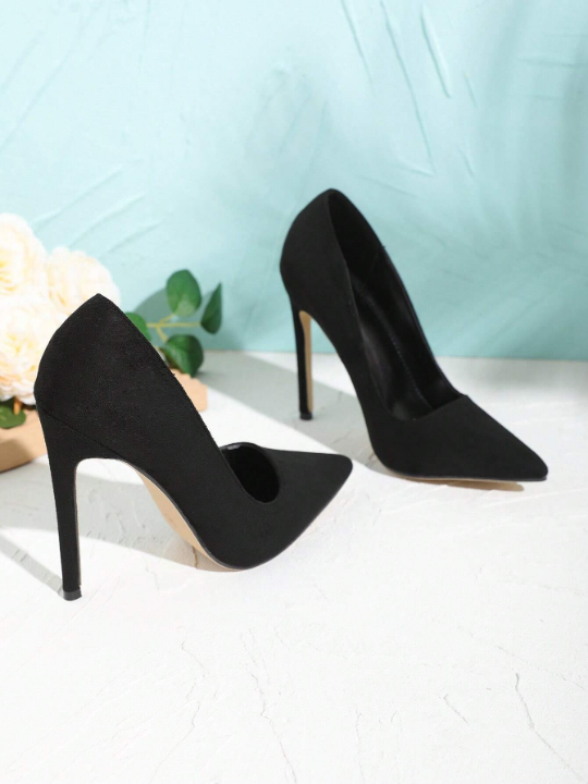 Solid Color Fashionable And Slimming High Heel Single Shoes For Dinner Party, Women's Black High Heel Shoes