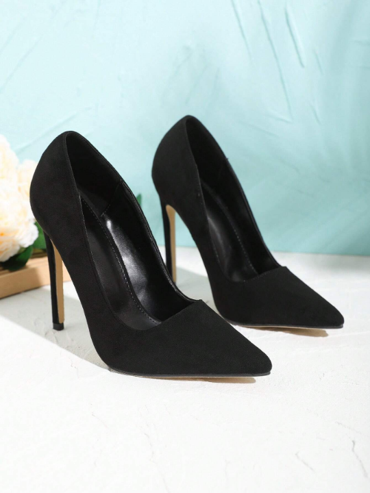 Solid Color Fashionable And Slimming High Heel Single Shoes For Dinner Party, Women's Black High Heel Shoes