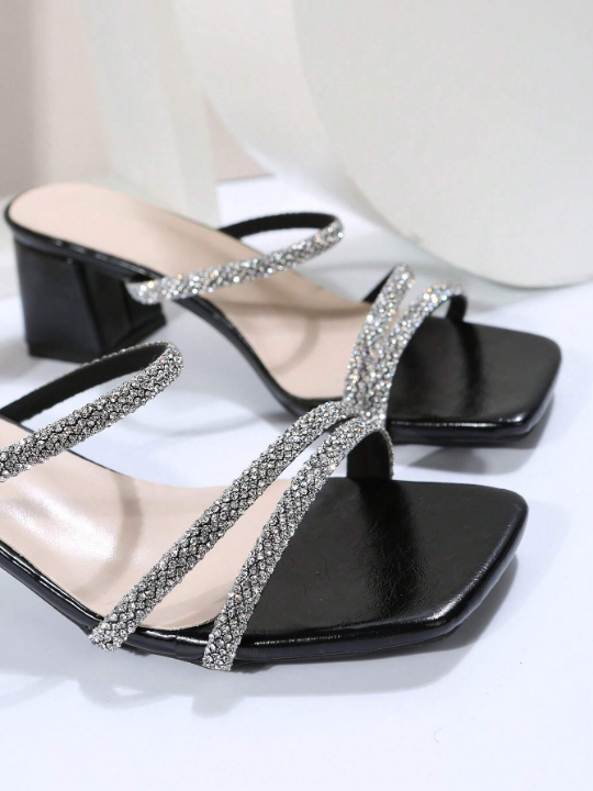 Fairy Style Square Toe Chunky Heel Sandals For Women, 2023 Summer Fashion French Style Rhinestone High Heel Shoes