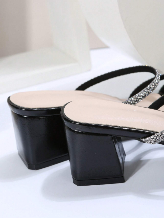 Fairy Style Square Toe Chunky Heel Sandals For Women, 2023 Summer Fashion French Style Rhinestone High Heel Shoes