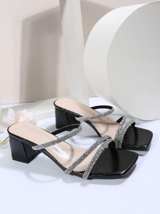 Fairy Style Square Toe Chunky Heel Sandals For Women, 2023 Summer Fashion French Style Rhinestone High Heel Shoes