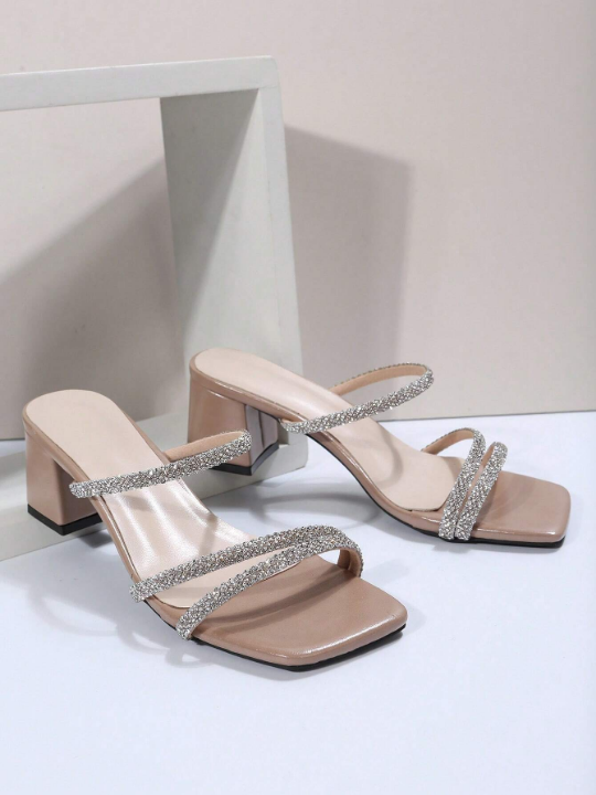 2023 Summer Women's Fairy Style Square Toe Chunky Heel Sandals, French Style Rhinestone Fashion High Heels For Outdoor