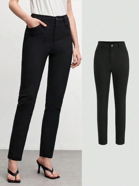 BIZwear Solid Color Black Stretchy Slim-Fit Women's Trousers With Diagonal Pockets, Suitable For Work