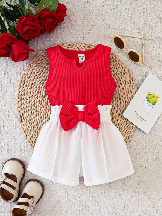 Baby Girl Notched Neck Tank Top & Bow Front Shorts