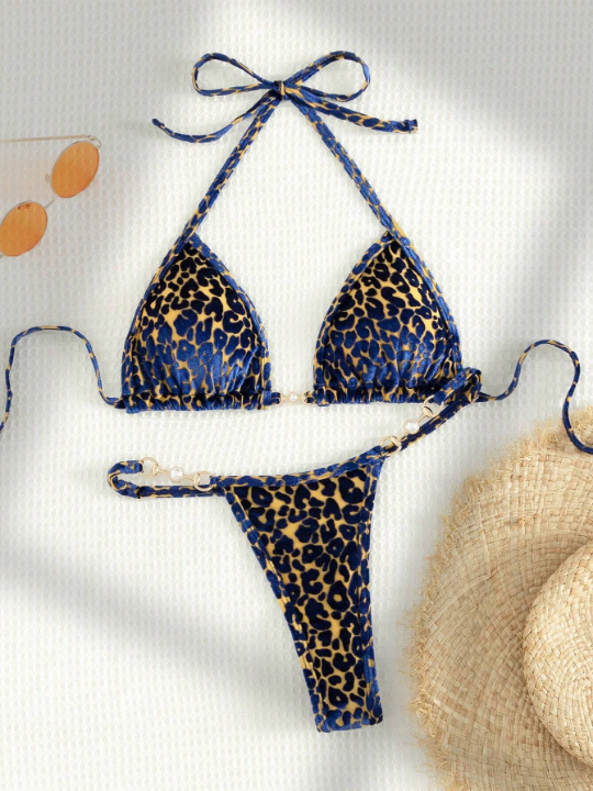 Leopard Print Halter Triangle Bikini Swimsuit