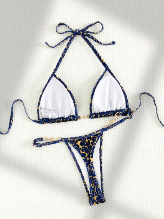 Leopard Print Halter Triangle Bikini Swimsuit
