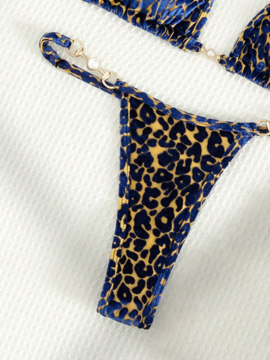 Leopard Print Halter Triangle Bikini Swimsuit