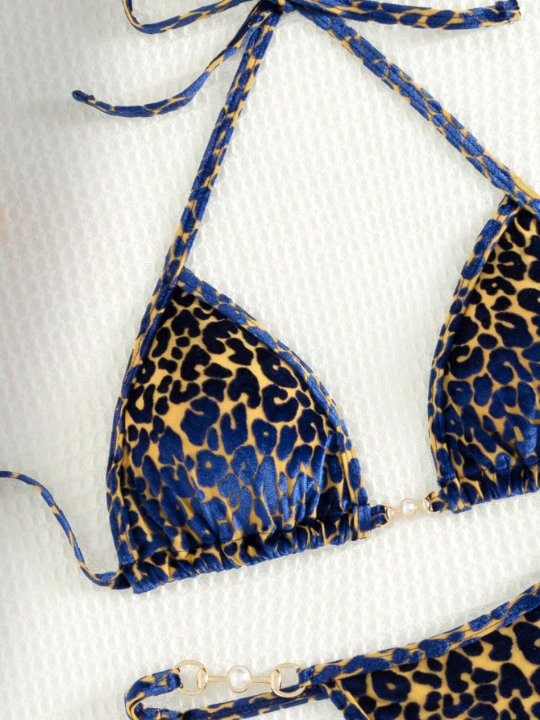 Leopard Print Halter Triangle Bikini Swimsuit