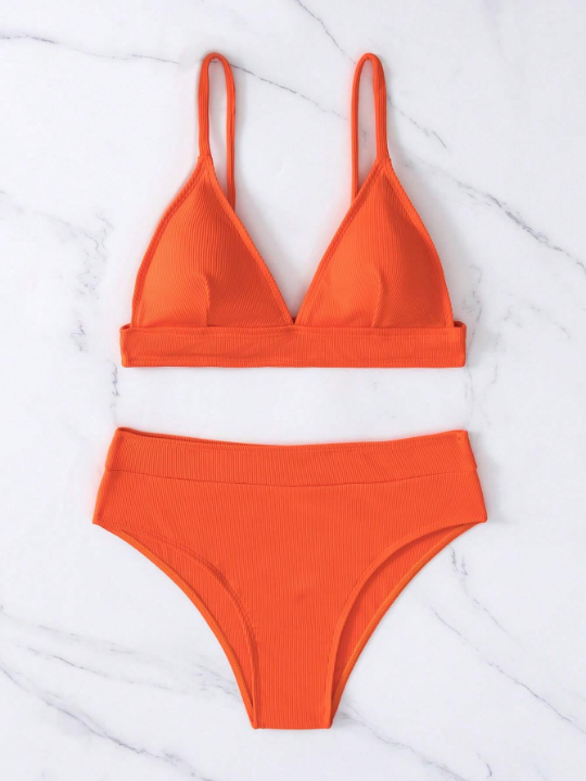 Swim Basics Rib Triangle High Waisted Bikini Swimsuit