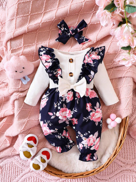 Baby Girl Floral Print Ruffle Trim Bow Front 2 In 1 Jumpsuit & Headband