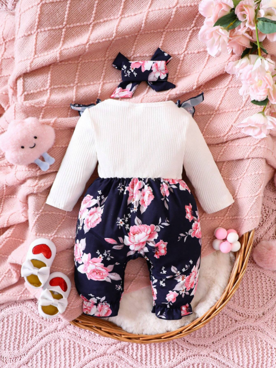 Baby Girl Floral Print Ruffle Trim Bow Front 2 In 1 Jumpsuit & Headband