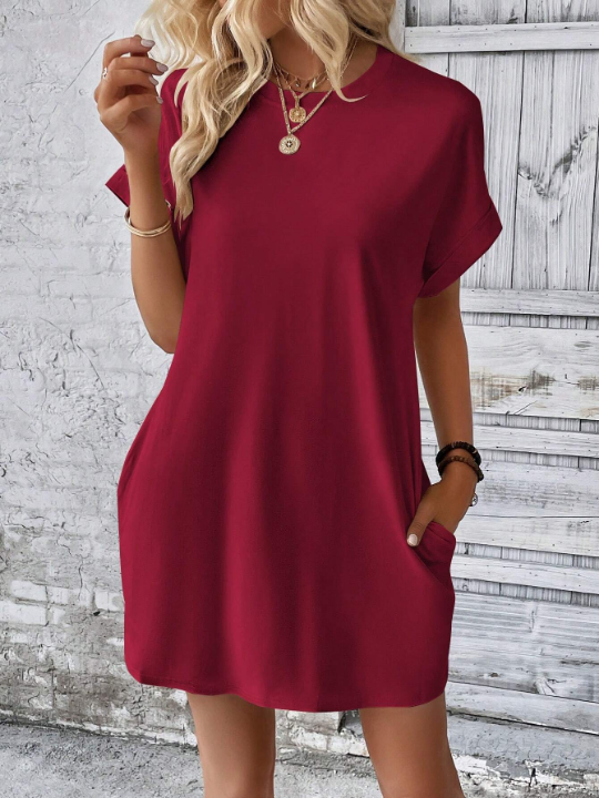 LUNE Solid Batwing Sleeve Hidden Pocket Dress