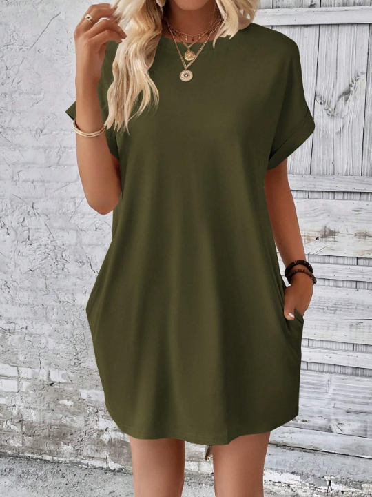 LUNE Solid Batwing Sleeve Hidden Pocket Dress