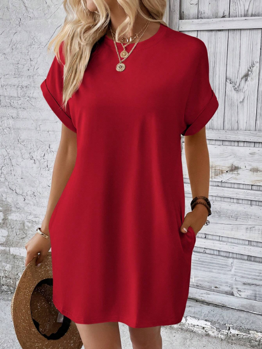 LUNE Solid Hidden Pocket Batwing Sleeve Tee Dress