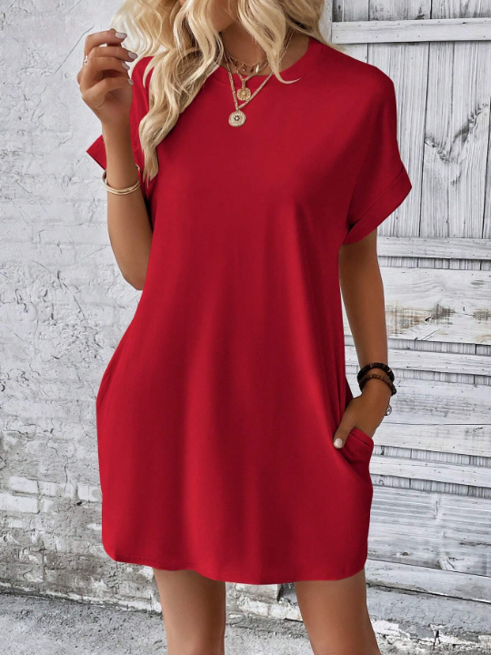 LUNE Solid Hidden Pocket Batwing Sleeve Tee Dress