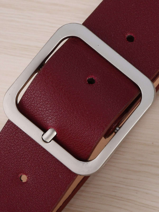 1pc Women's Deep Red Geometric Pattern Pu Wide Fashion Waist Belt Suitable For Daily Use Casual