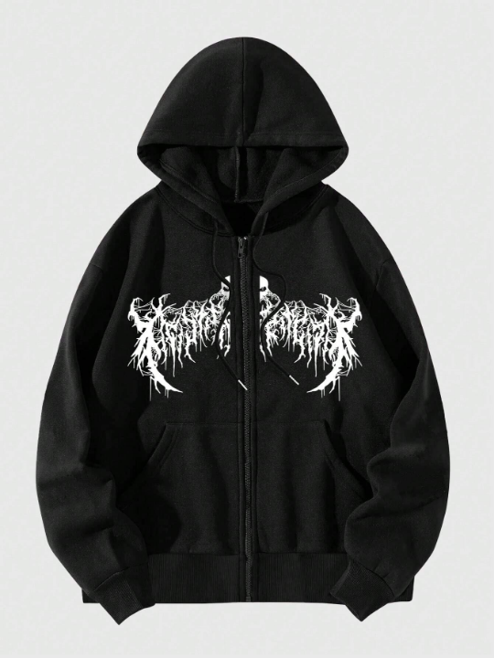 ROMWE Goth Men Graphic Print Zip Up Drawstring Thermal Lined Hoodie