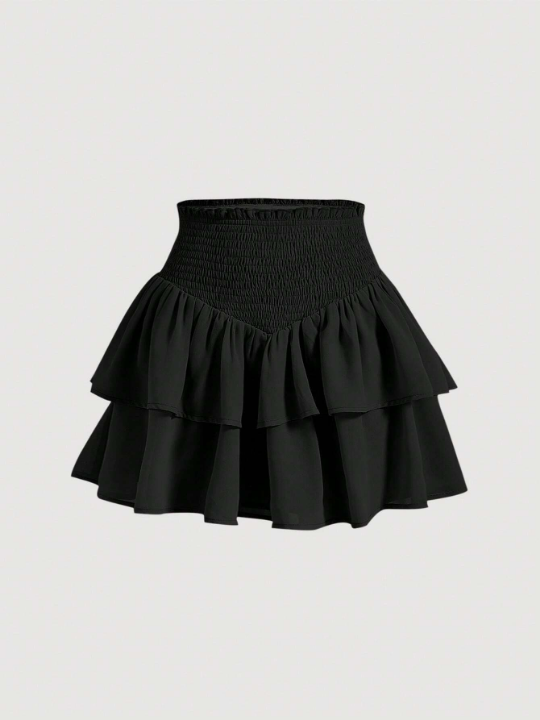 MOD Black Bilayer Summer Frill Shirred Waist Two Layer Hem Skirt