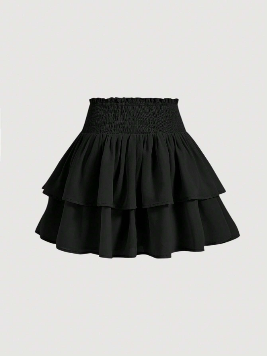 MOD Black Bilayer Summer Frill Shirred Waist Two Layer Hem Skirt