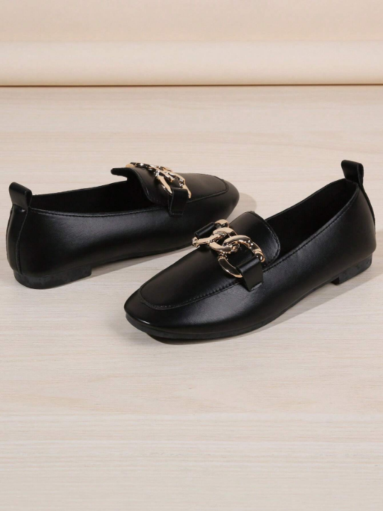 Women's Fashionable Slip-on Chain Decor Square Toe Loafers Flat Shoes