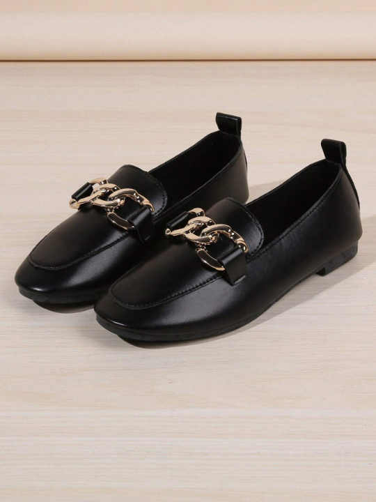 Women's Fashionable Slip-on Chain Decor Square Toe Loafers Flat Shoes