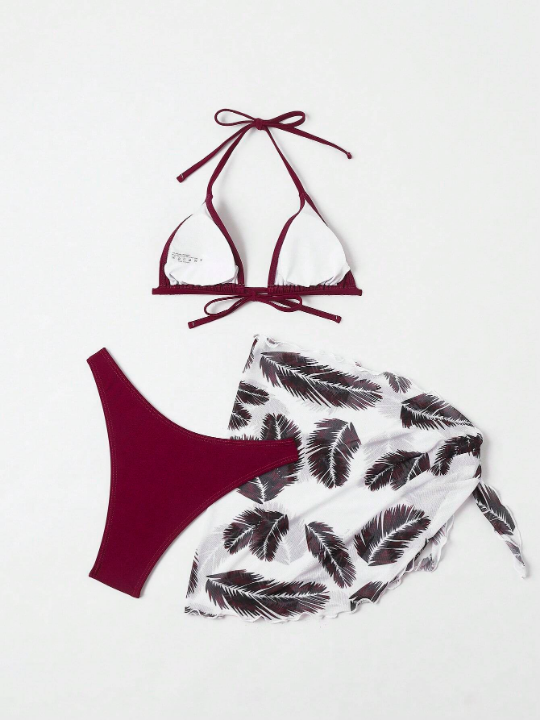 Swim Vcay Triangle Bikini Swimsuit With Leaf Print Beach Skirt