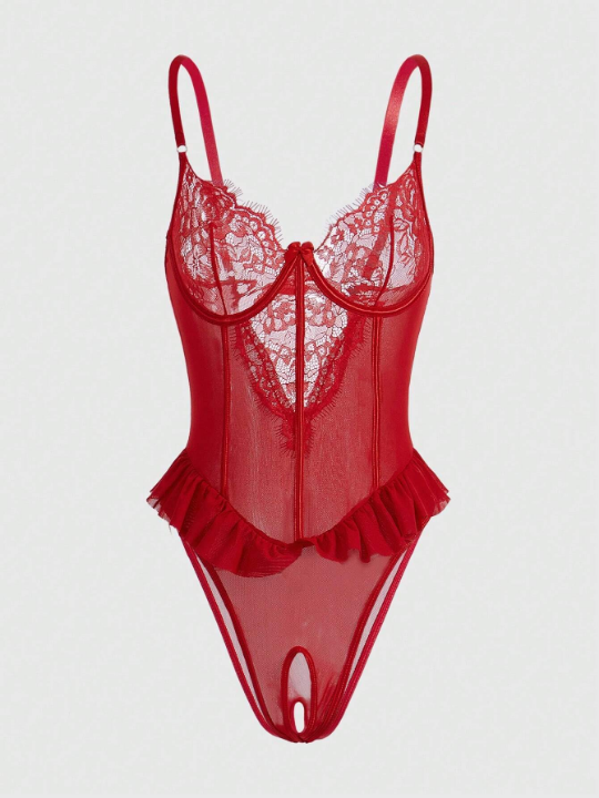 Contrast Lace Ruffle Trim Underwire Teddy Bodysuit