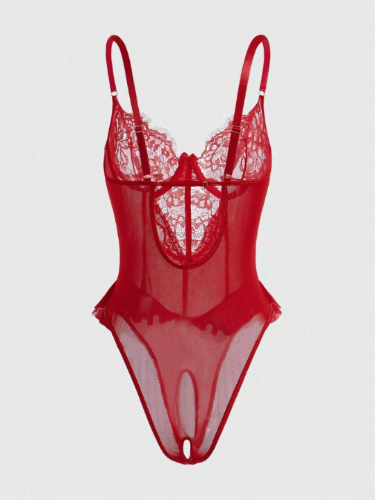 Contrast Lace Ruffle Trim Underwire Teddy Bodysuit