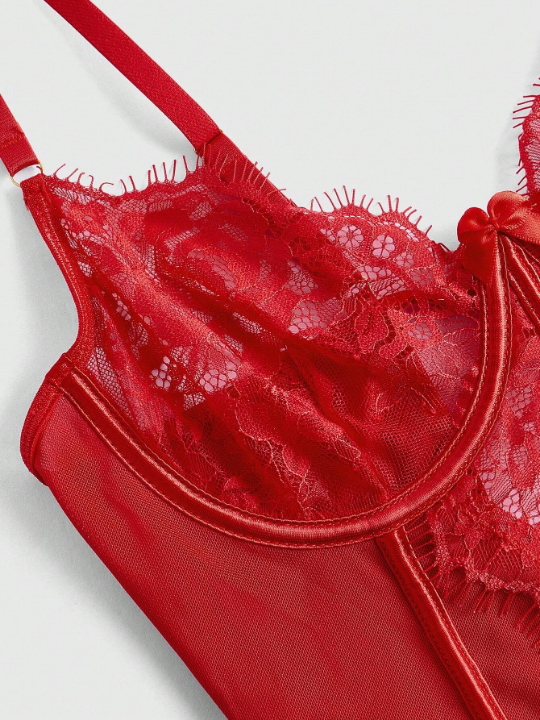 Contrast Lace Ruffle Trim Underwire Teddy Bodysuit