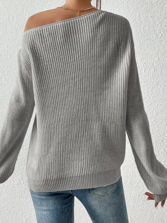 Essnce Solid Ribbed Knit Asymmetrical Neck Sweater