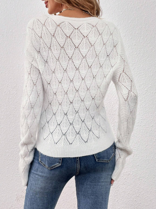 Frenchy Solid Pointelle Knit V Neck Sweater