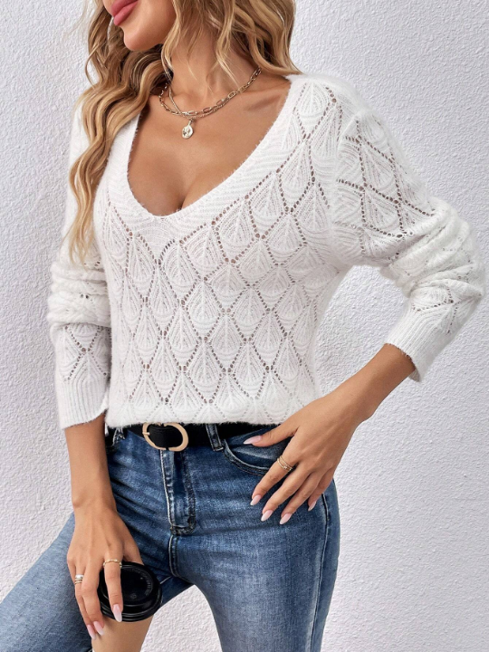 Frenchy Solid Pointelle Knit V Neck Sweater