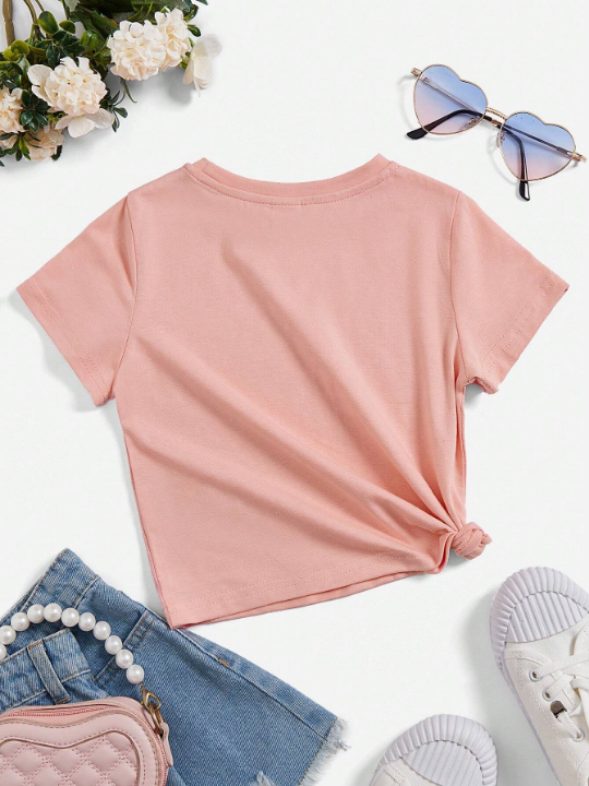 Baby Girl's Casual Letter Print Short Sleeve Round Neck T-Shirt, Suitable For Summer