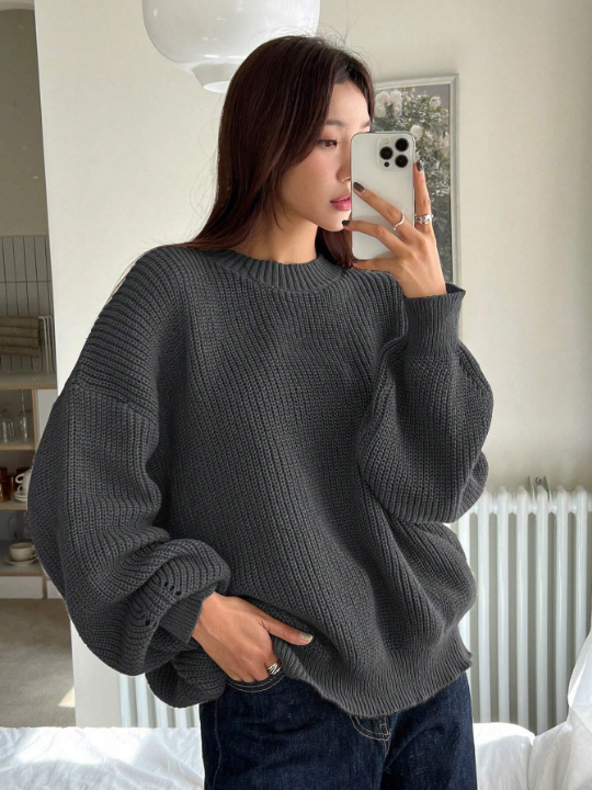 DAZY Solid Ribbed Knit Drop Shoulder Sweater