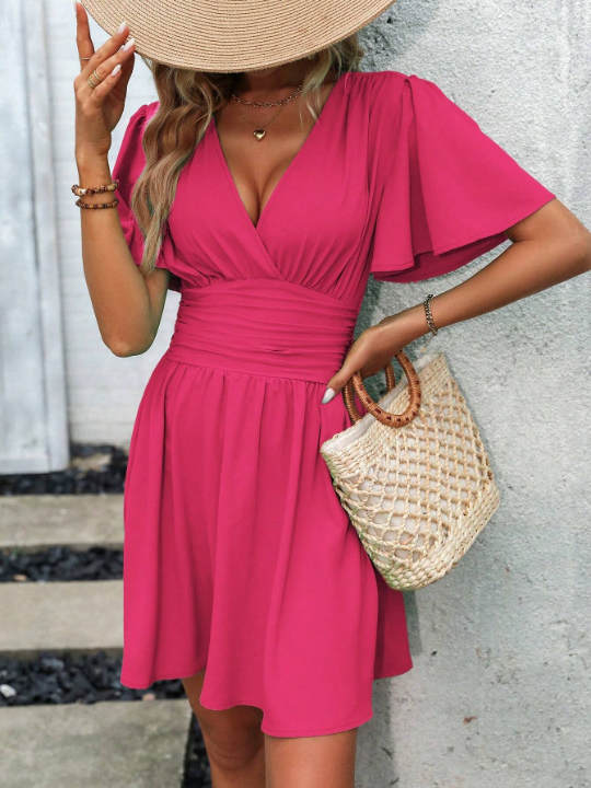 LUNE Plunging Neck Butterfly Sleeve Ruched Waist Dress