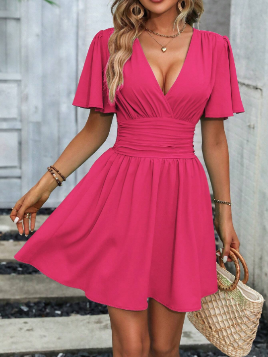 LUNE Plunging Neck Butterfly Sleeve Ruched Waist Dress