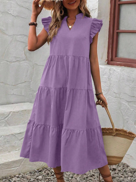 VCAY Notched Neck Ruffle Trim Smock Dress