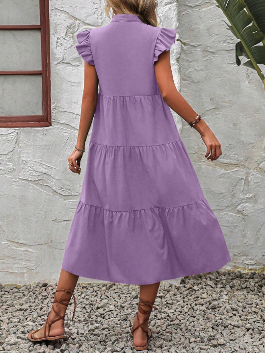 VCAY Notched Neck Ruffle Trim Smock Dress