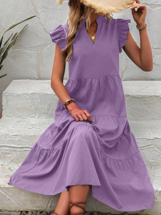 VCAY Notched Neck Ruffle Trim Smock Dress