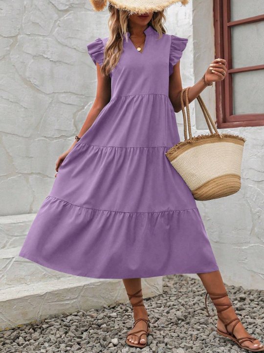 VCAY Notched Neck Ruffle Trim Smock Dress