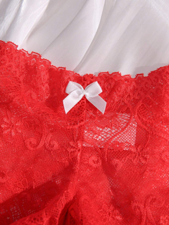 Floral Lace Bow Decor Crotchless Panty