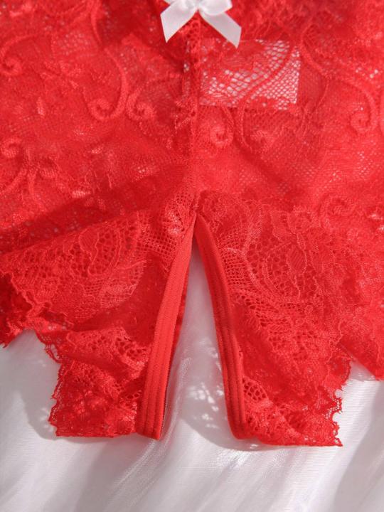 Floral Lace Bow Decor Crotchless Panty