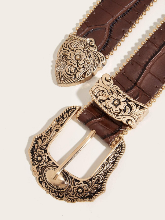 1pc Women's Pressed Flower Western Cowgirl Style Heavy Duty Beaded Belt With Pu Material For Daily Wear Boho