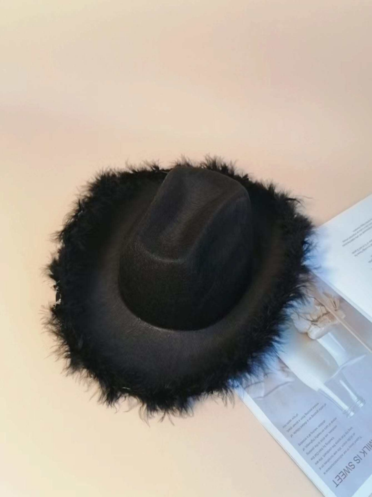 1pc Solid Color Faux Fluffy Western Cowboy Hat, Suitable For Parties And Festivals Party