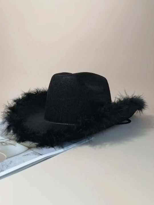 1pc Solid Color Faux Fluffy Western Cowboy Hat, Suitable For Parties And Festivals Party