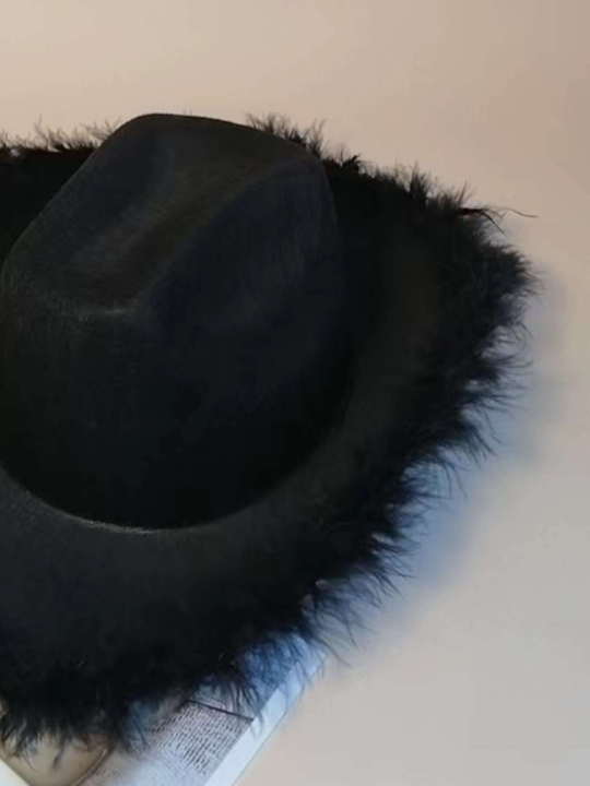 1pc Solid Color Faux Fluffy Western Cowboy Hat, Suitable For Parties And Festivals Party