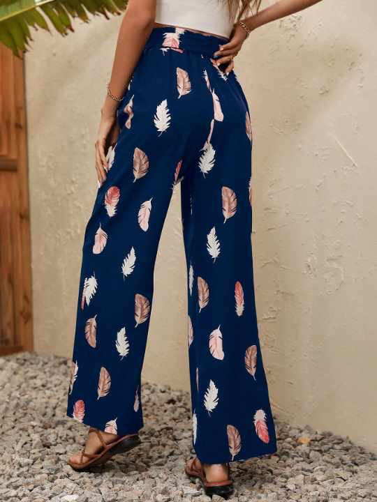 VCAY Feather Print Paperbag Waist Belted Wide Leg Pants