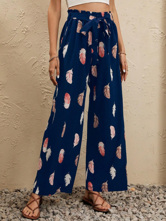 VCAY Feather Print Paperbag Waist Belted Wide Leg Pants