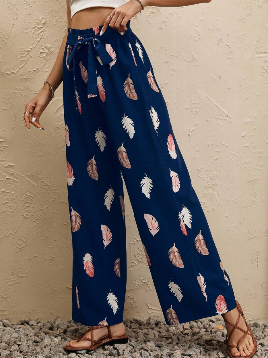 VCAY Feather Print Paperbag Waist Belted Wide Leg Pants