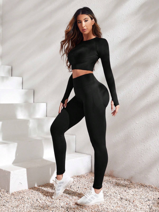 Yoga Basic Solid Crop Tee & Leggings